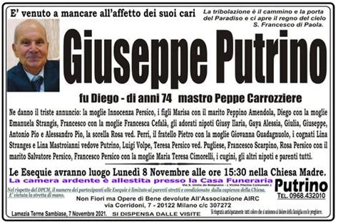 necrologi putrino|Esequie GIUSEPPE PUTRINO